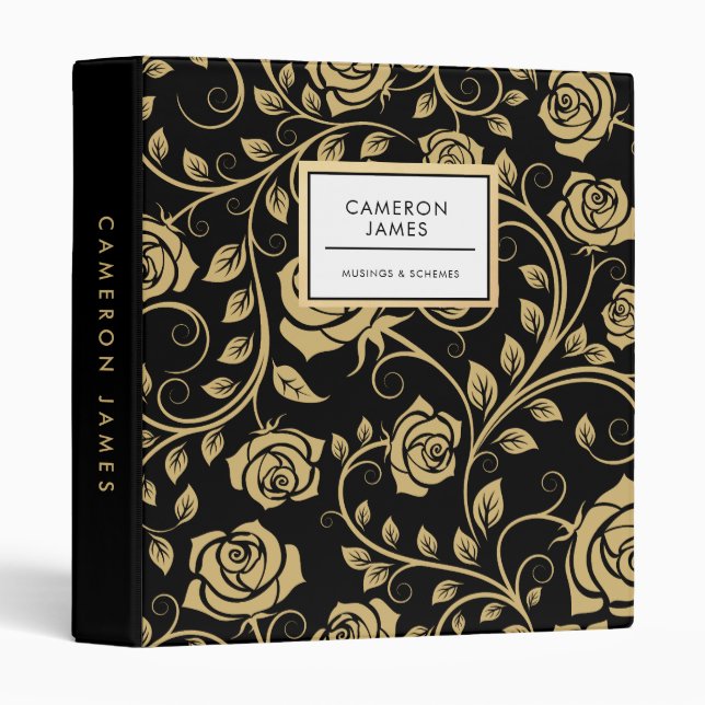 Elegant Black and Gold Rose Pattern in Retro Style 3 Ring Binder (Front/Spine)