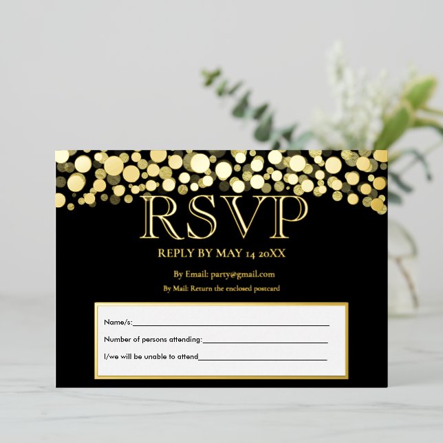 Elegant Black and Gold RSVP Wedding Acceptance Foil Invitation (Standing Front)
