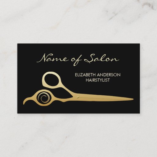 Customizable Elegant Black and Gold Salon Hairstylist Scissors Business Card Templates