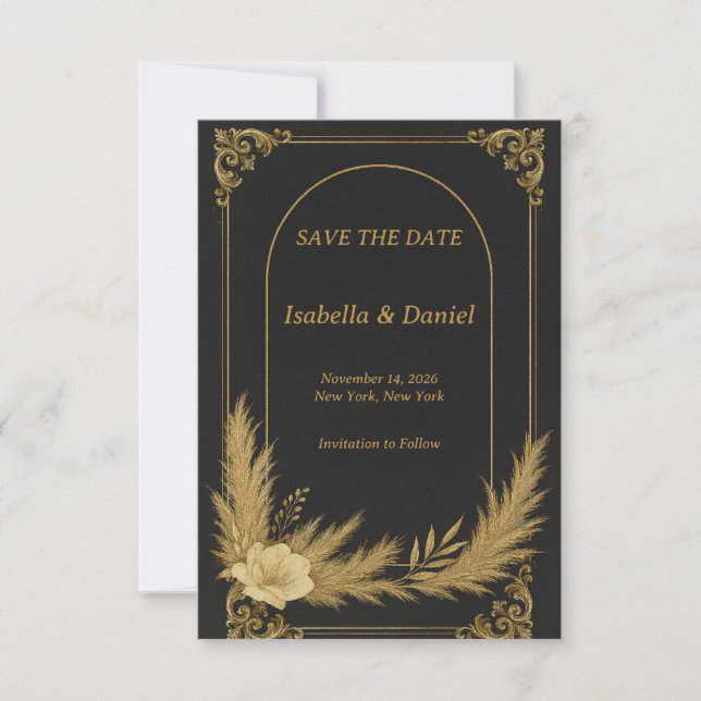 Elegant Black and Gold Save the Date Card (Front)