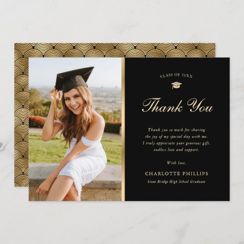 Elegant Black and Gold Scales Photo Graduation Thank You Card