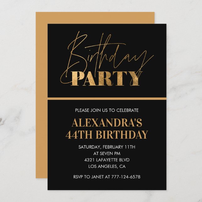 Elegant Black and Gold Script 44th birthday party Invitation (Front/Back)