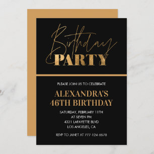 Elegant Black and Gold Script 46th birthday party Invitation
