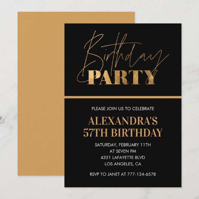 Elegant Black and Gold Script 57th birthday party Invitation (Front/Back)