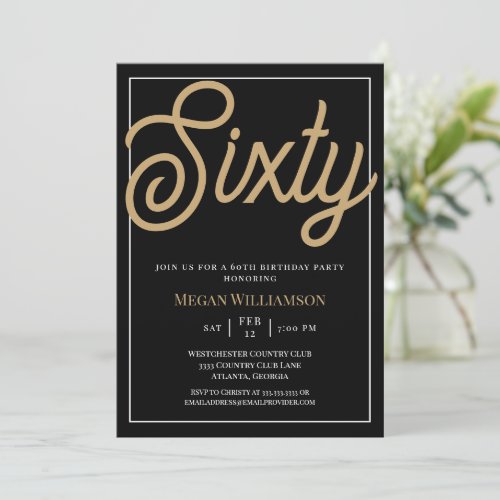 Elegant Black and Gold Script 60th Birthday Invitation