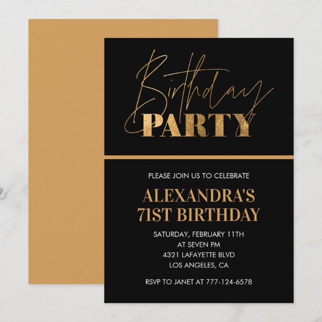 Elegant Black and Gold Script 71st birthday party Invitation (Front/Back)