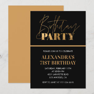 Elegant Black and Gold Script 71st birthday party Invitation