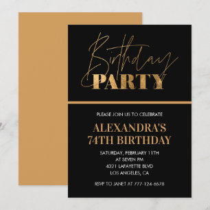 Elegant Black and Gold Script 74th birthday party Invitation