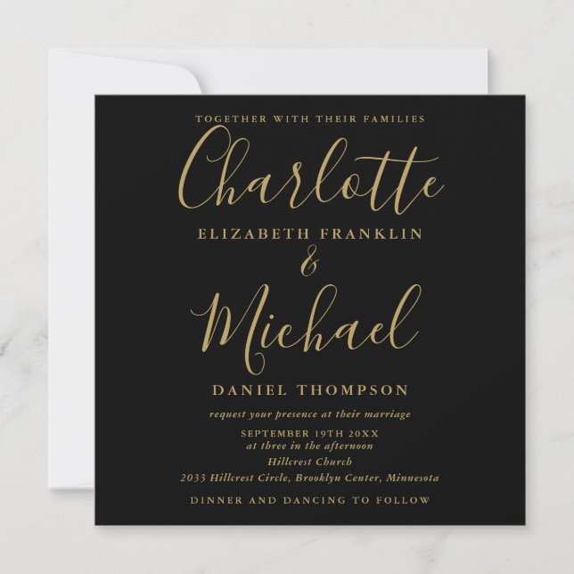 Elegant Black And Gold Script All In One Wedding Invitation (Front)