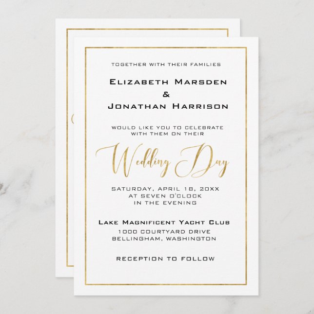 Elegant Black and Gold Script and Border Wedding Invitation (Front/Back)