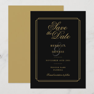 Elegant Black and Gold Script Art Deco Wedding Save The Date