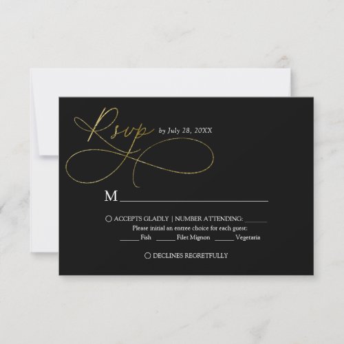 Elegant Black and Gold Script Calligraphy Wedding RSVP Card