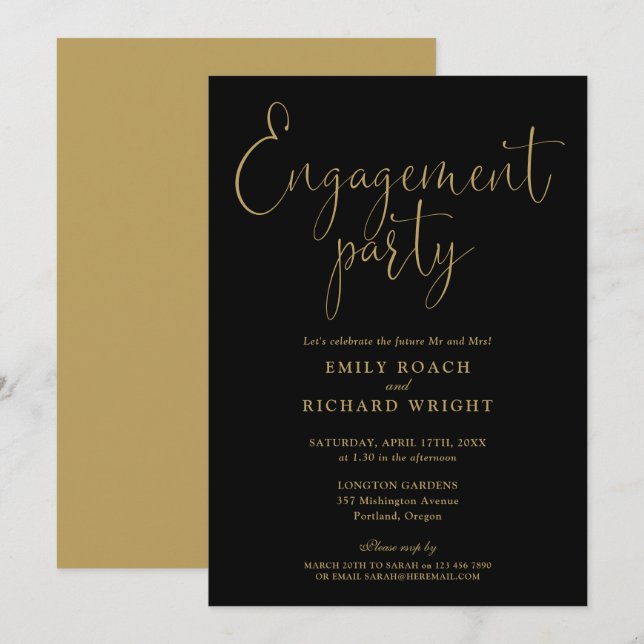 Elegant Black And Gold Script Engagement Party Invitation (Front/Back)