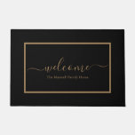 Elegant black and gold script family name welcome  doormat
