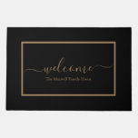 Elegant black and gold script family name welcome  doormat