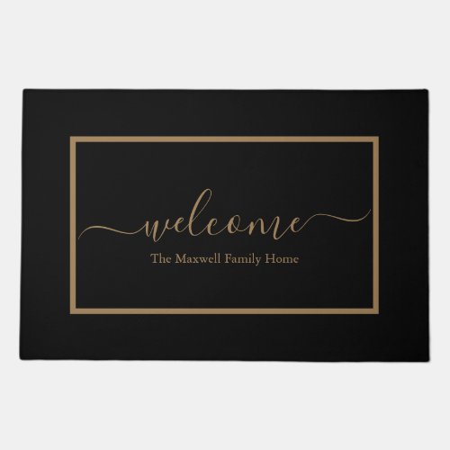 Elegant black and gold script family name welcome  doormat