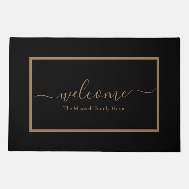 Elegant black and gold script family name welcome  doormat (Front)