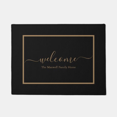 Elegant black and gold script family name welcome  doormat