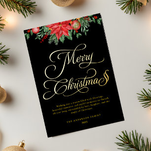 Elegant Black and Gold Script Festive Christmas Foil Holiday Card