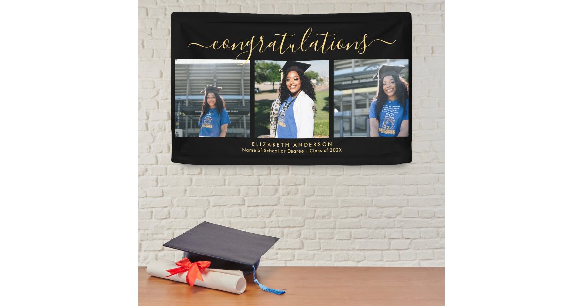 Elegant Black and Gold Script Graduation Photo Banner | Zazzle