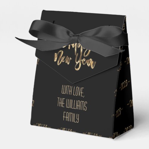 Elegant Black and Gold Script Happy New Year 2023 Favor Boxes