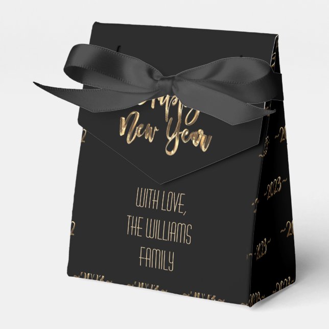 Elegant Black and Gold Script Happy New Year 2023 Favor Boxes (Front Side)