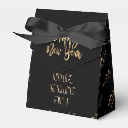 Elegant Black and Gold Script Happy New Year 2024 Favor Boxes