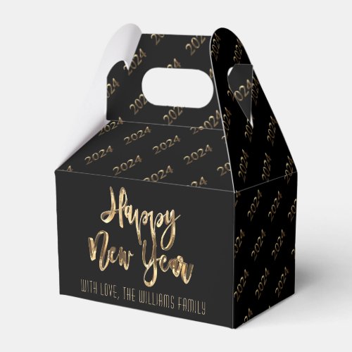 Elegant Black and Gold Script Happy New Year 2024 Favor Boxes