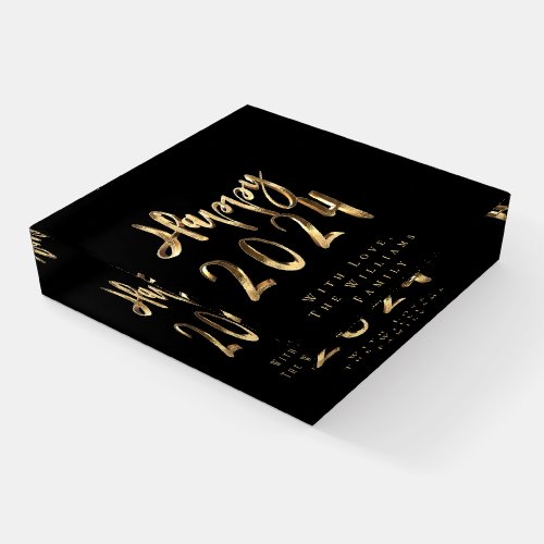 Elegant Black and Gold Script Happy New Year 2024  Paperweight