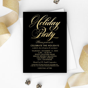 Elegant Black and Gold Script Holiday Party Invitation