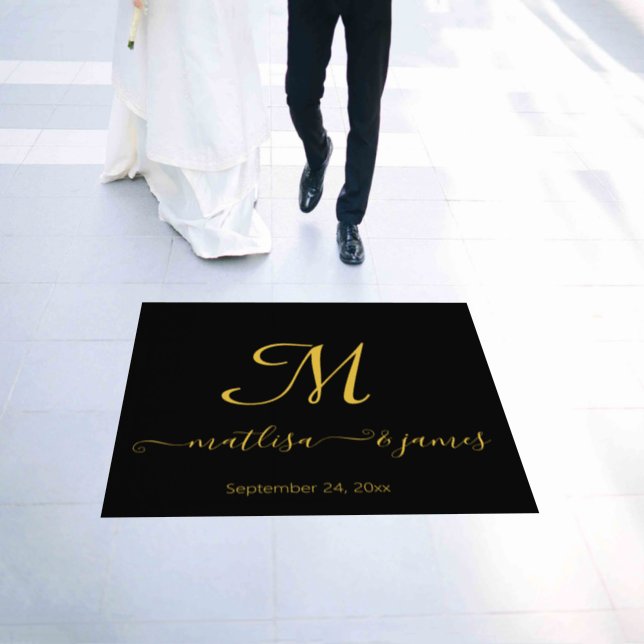 Elegant Black and Gold Script Monogram Name Date  Floor Decals (Wedding)