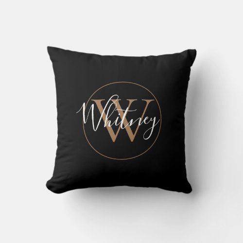 Elegant Black and Gold Script Monogram Name  Throw Pillow