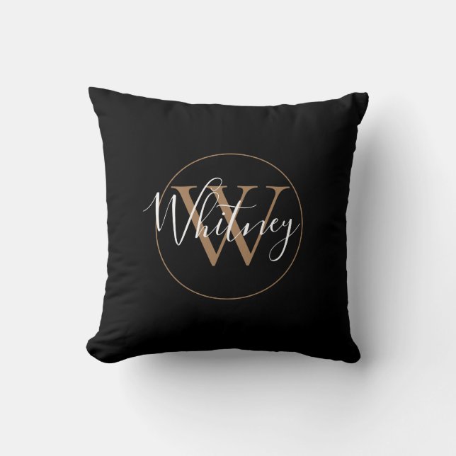 Elegant Black and Gold Script Monogram Name  Throw Pillow (Front)