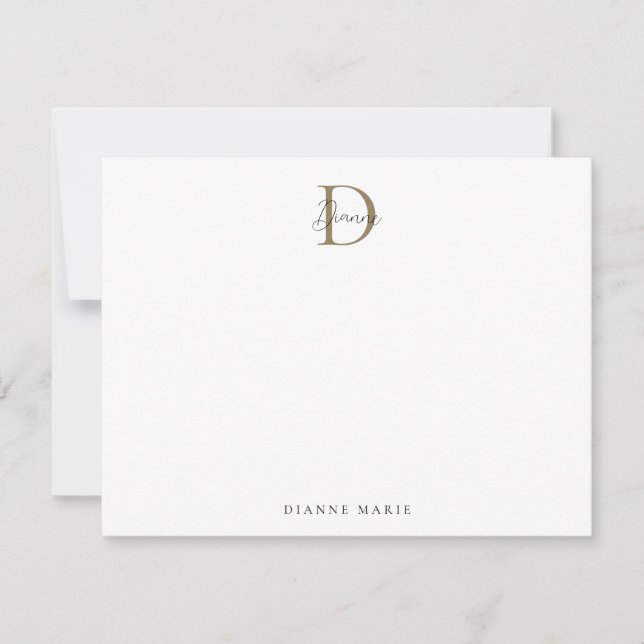 Elegant Black and Gold Script Monogram Note Card (Front)