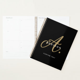 Elegant Black and Gold Script Monogram Planner