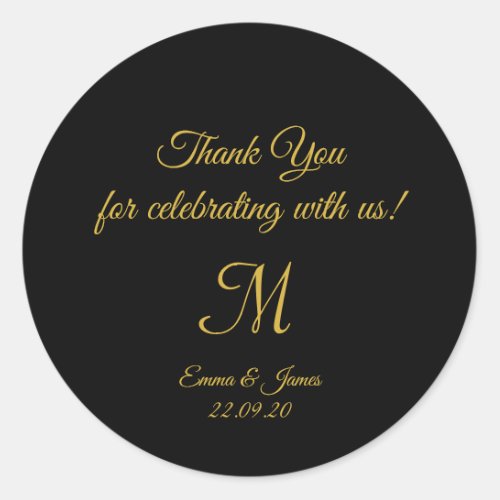 Elegant Black and Gold Script Monogram Thank You  Classic Round Sticker