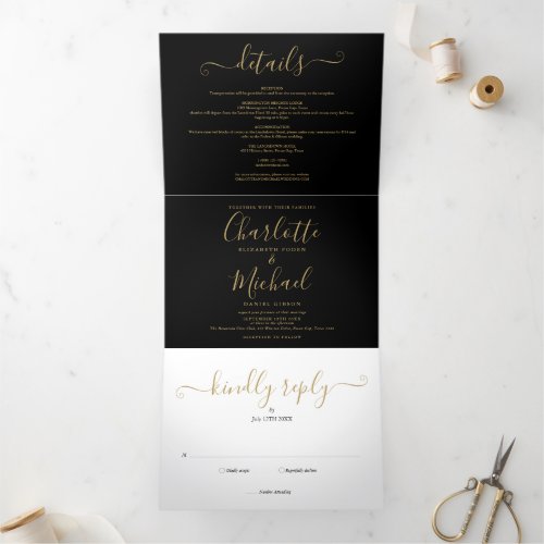 Elegant Black And Gold Script Monogram Wedding Tri_Fold Invitation
