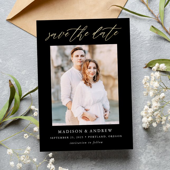 Elegant Black and Gold Script Photo Save the Date Foil Invitation (Creator Uploaded)