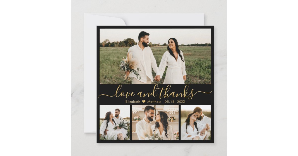 Elegant Black and Gold Script Photo Wedding Thank You Card | Zazzle