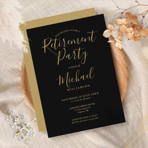 Elegant Black And Gold Script Retirement Party Invitation