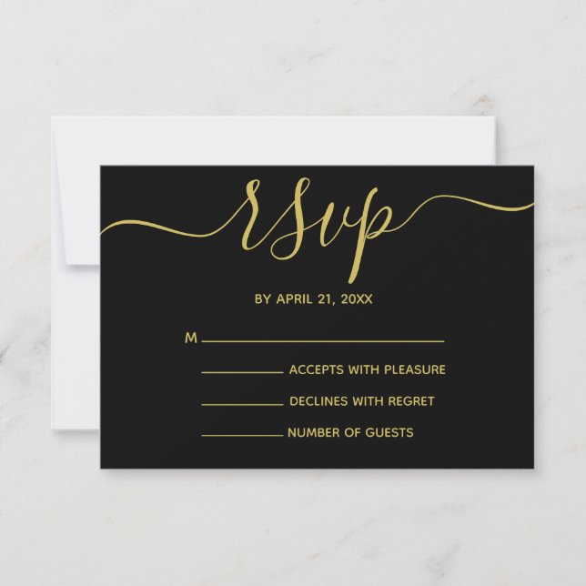Elegant Black and Gold Script  RSVP Cards (Front)