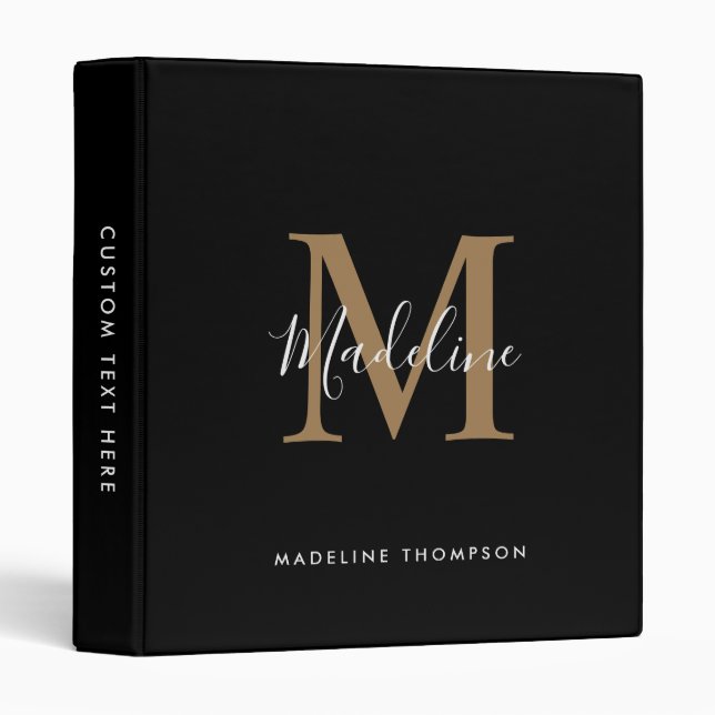 Elegant Black and Gold Script Simple Monogram 3 Ring Binder (Front/Spine)