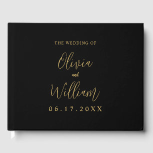 Elegant Black and Gold Script Wedding Guest Book