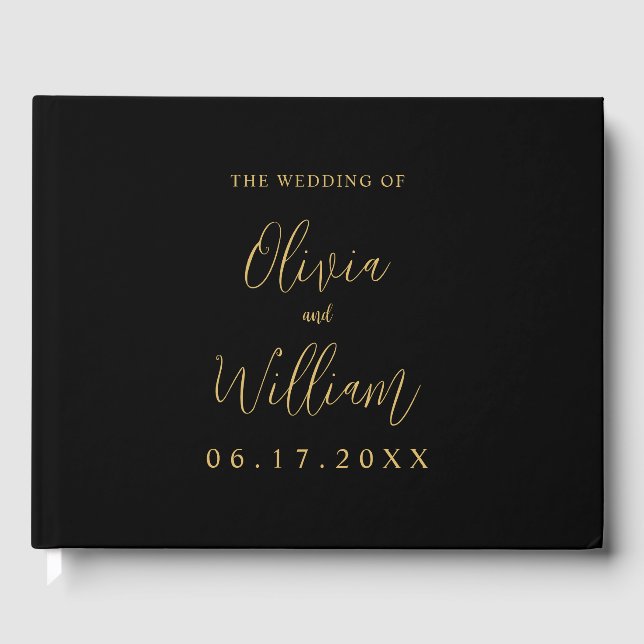 Elegant Black and Gold Script Wedding Guest Book (Front)
