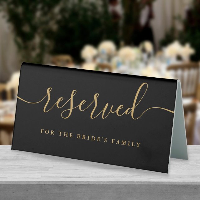 Elegant Black And Gold Script Wedding Reserved Table Tent (Creator Uploaded)