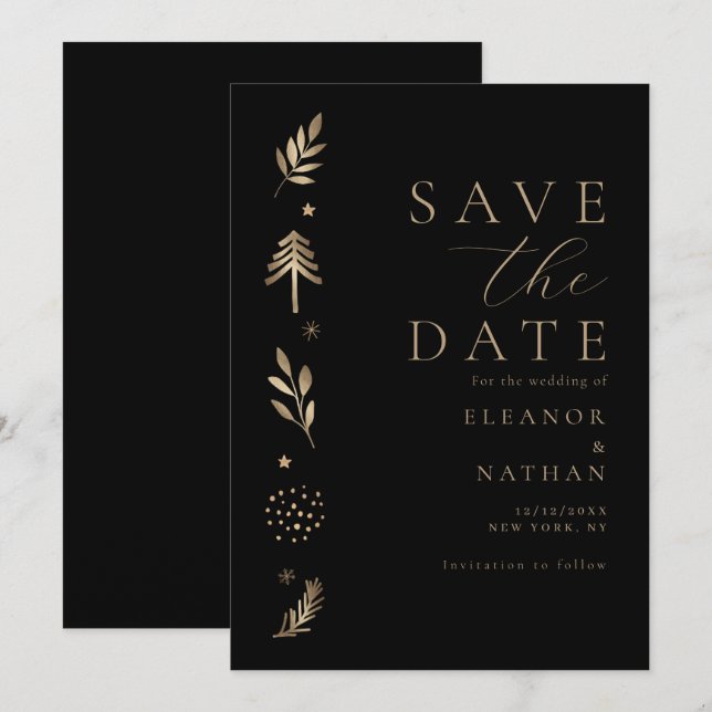 Elegant Black and Gold Script Winter Holiday Save The Date (Front/Back)