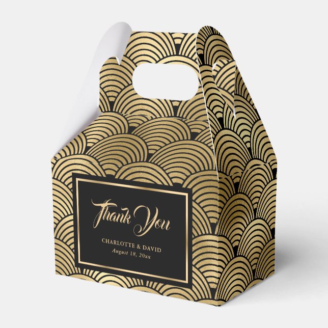 Elegant Black and Gold Seashell Scales Wedding Favor Boxes (Front Side)
