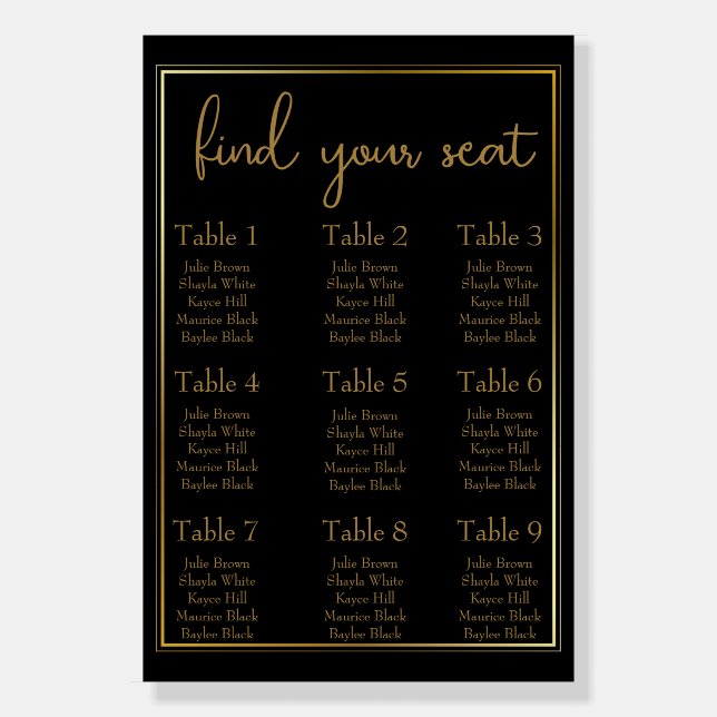 Elegant Black and Gold Seating Chart Foam Board (Front)
