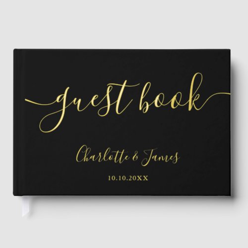 Elegant Black And Gold Signature Script Wedding Foil Guest Book