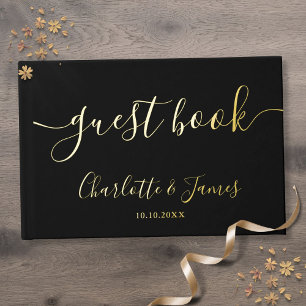 Elegant Black And Gold Signature Script Wedding Foil Guest Book